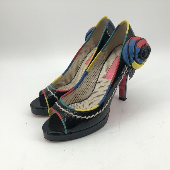 Betsey Johnson Black Womens 7.5 Open Peep Toe High Heels Shoes Multicolor Floral - Picture 13 of 16